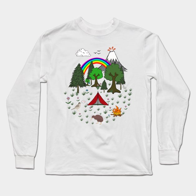 New Zealand Camping Scene with Kiwi Long Sleeve T-Shirt by wanungara